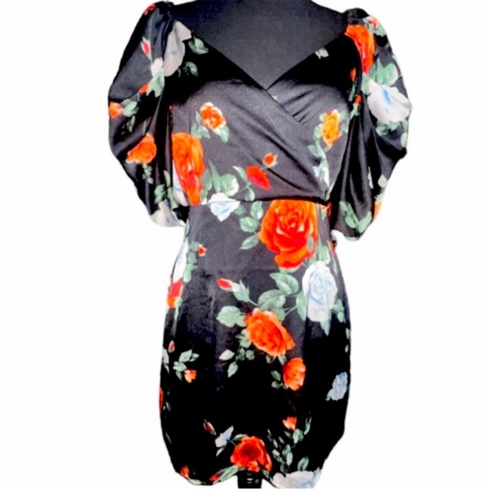 Forever 21 Micro Mini Cocktail Dress/Tunic Black Red Rose Statement Sleeve New M
